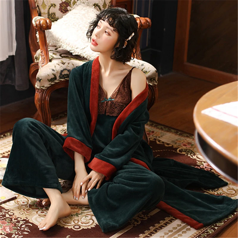 

Winter Pajama Sets Women Flannel Home Clothes Warm Vest Robes Long Pants Red Green Sexy Sleepwear Autumn Grown Nightwear 3 Pcs