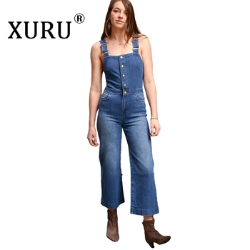 

XURU 2019 autumn new sexy sling denim jumpsuit Europe and the United States casual women's slim slimming denim jumpsuit