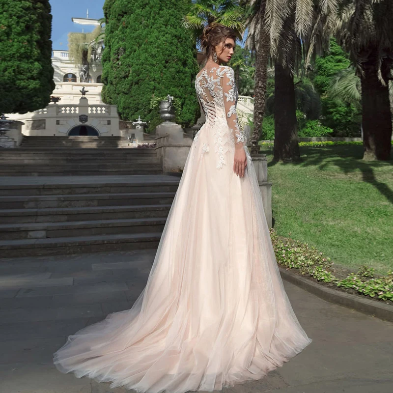 Verngo ТРАПЕЦИЕВИДНОЕ свадебное платье кружевное свадебное платье с аппликацией с рукавами Элегантное свадебное платье цвета шампанского Свадебные платья
