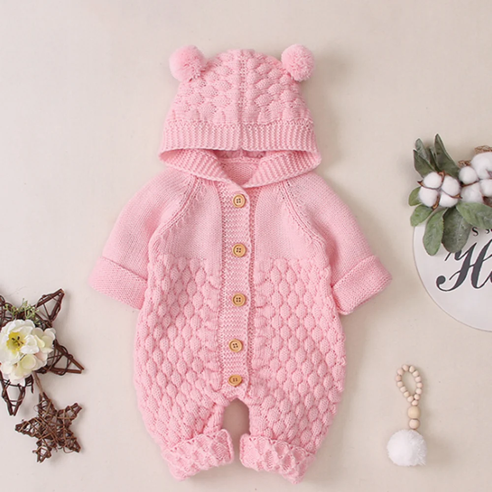 Одежда для новорожденных; сезон осень-зима; вязаные комбинезоны для новорожденных; Плюшевый комбинезон с капюшоном и ушками; Комбинезоны для детей - Цвет: Pink