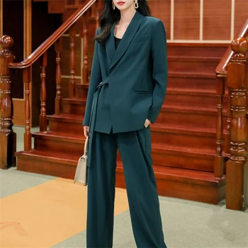 

2020 New Spring Fall Woman Sets 2 Piece Matching Wide Leg Pants Casual High Waist Vintage Buttons Lace UP Suit