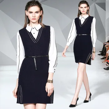 

OLOMLB new style Lapel Long-sleeved shirt knitted a-line two-piece dress elegant autumn women dresses 2019