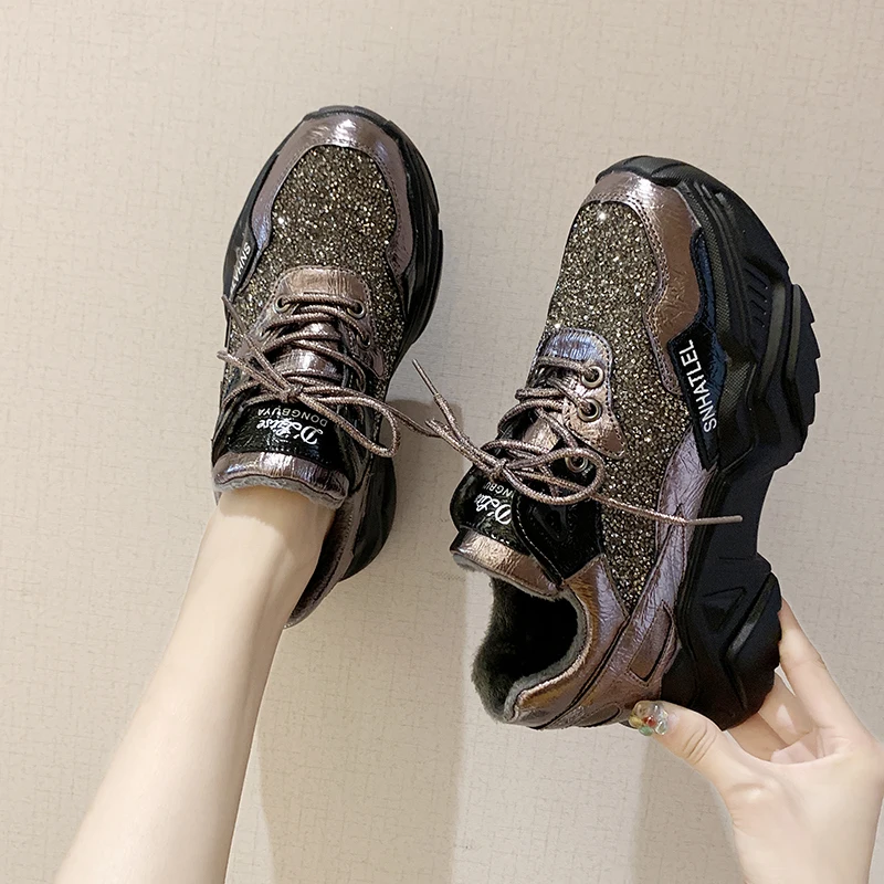 

New fashion rhinestone short plush warm women's vulcanized shoes chunky platform sneakers Mixed Colors luxury women shoes U21-32