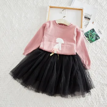 

1-7T Children Set Baby Girls Dress Embroidery New Autumn Long Sleeve Knit T-Shirt Princess Mesh Dress Two-Piece Set