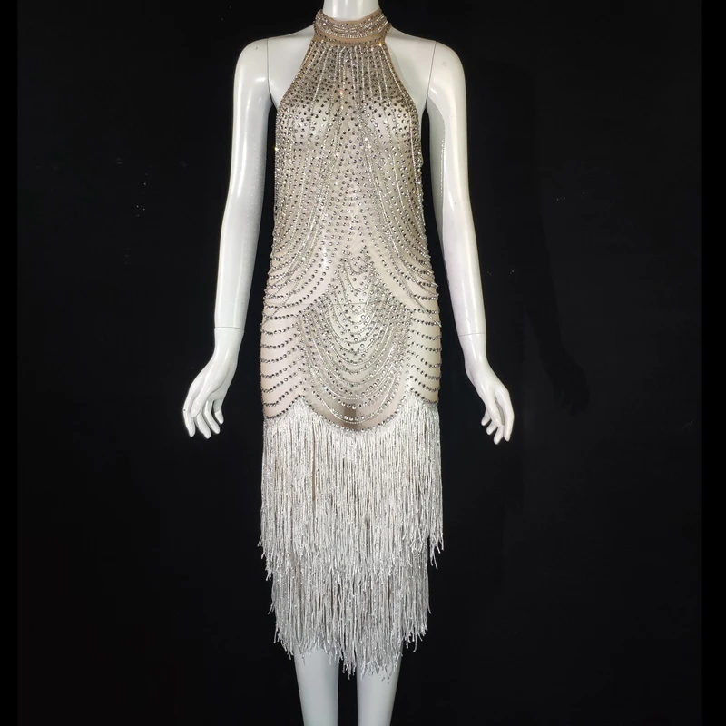 

Shining Rhinestones Fringes Dress Women Birthday Celebrate Prom Party Outfit Sleeveless White Tassel Dance Costume Stage Wear