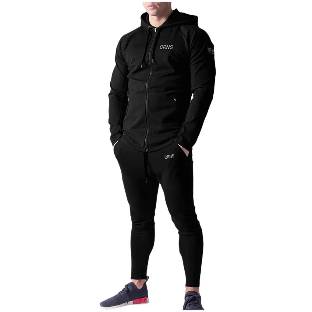 Running Sets Men Sport Suits Sportswear Set Polyester Fitness Training Gym Cycling Tracksuit Zip Pocket Jogging Suit#D