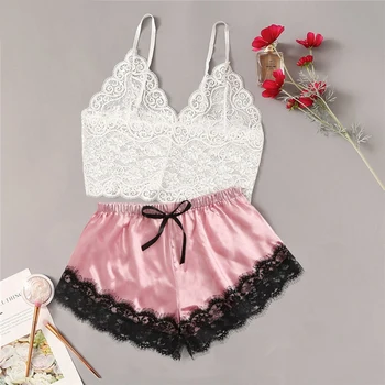 

CDJLFH 2Pcs Lingerie Set Women 2020 Summer Sleeveless Sexy Bra Set Floral Lace Cami Tops Satin Trim Shorts And Bra Underwear Set