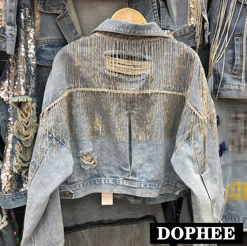 

Spring and Autumn Heavy Do Old Wash Water Bling Rhinestone Long Sleeve Denim Jacket Short Coat Women Students Casual Jean Jacket