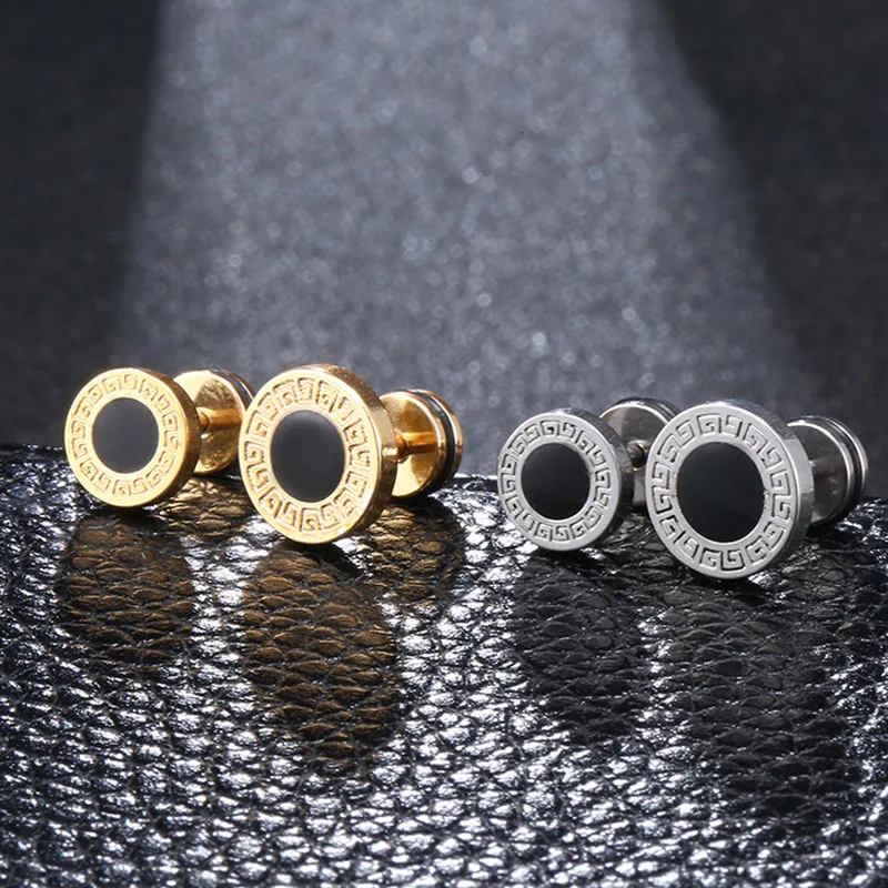 Design Stainless Steel Women's Studs Earrings For Men Ear Piericng Black Stone Gold Silver Color Face Stud Earring Jewelry | Украшения
