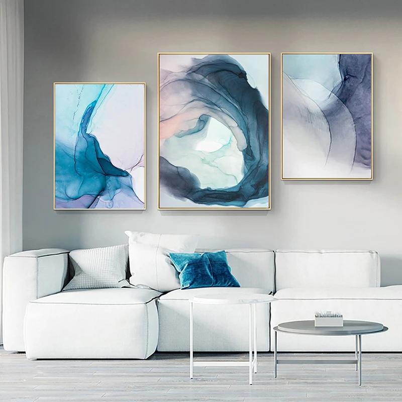 Современная Абстрактная Картина на холсте с акварельными синими чернилами, скандинавские плакаты и принты, настенные художественные картины для гостиной, домашний декор