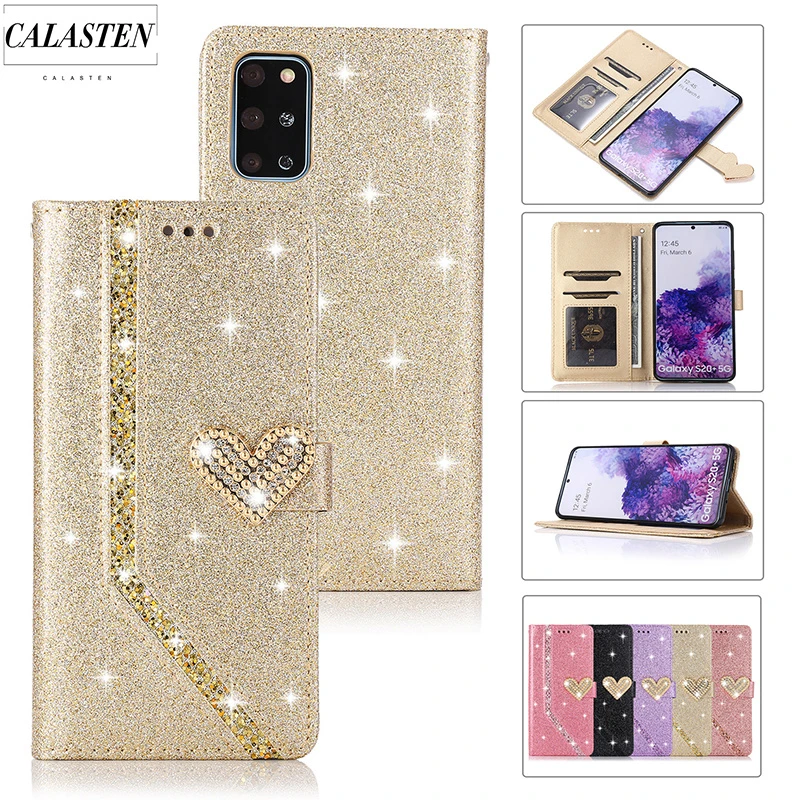 Shiny Bling Glitter Case For Samsung Galaxy S21FE S20 Plus S10e S9 S8 S7 Note20Ultra 8 9 10 Leather Wallet Flip Phone Cover Capa kawaii samsung cases