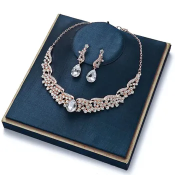 

Gold Color Earring and Necklace Luxury indian Jewelry Sets Wedding Accessories For Bridal Women Party Rhinestone Plated collares