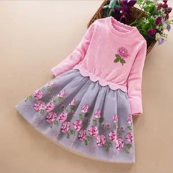 

European and American autumn new 2019 Parent-child outfit Long sleeve knit patchwork floral embroidered Girl's dress