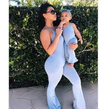 Salopette sans manches pour maman et moi, vêtements assortis pour la famille, tenues d'été, combinaisons mère et fille, pantalons bleus, 2022