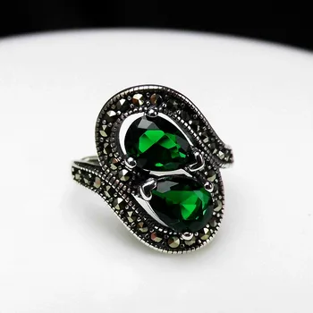 

FNJ 925 Silver MARCASITE Ring for Women Jewelry 100% Original Pure S925 Silver Sterling Ring Green Zircon Crystal