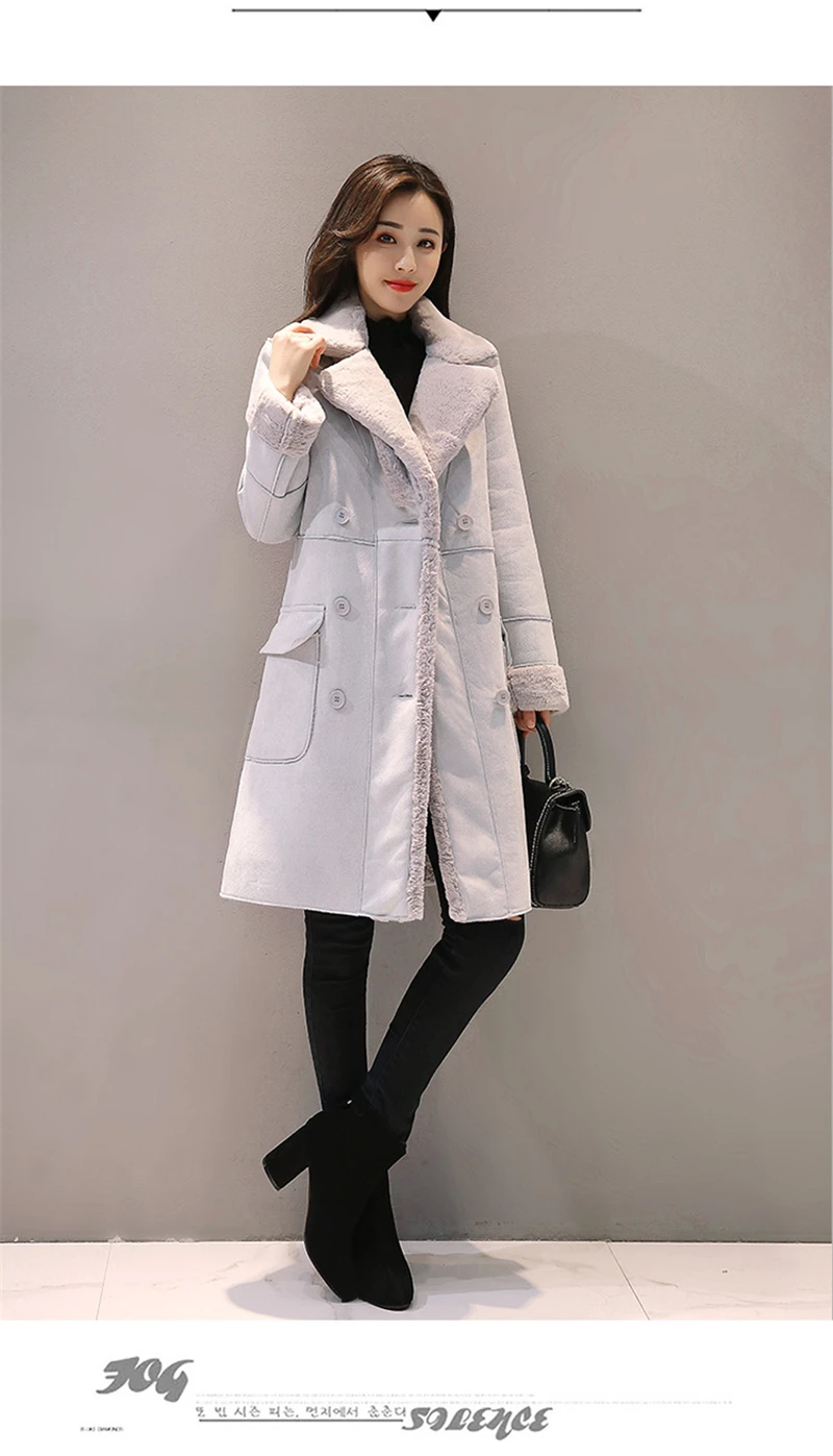Осеннее женское замшевое зимнее пальто с мехом Новое модное плотное длинное пальто из искусственной овчины женский однотонный теплый плащ K069