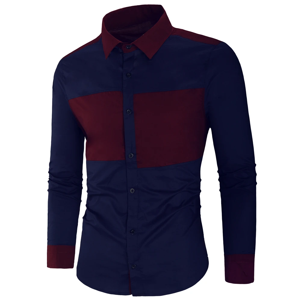 Мужские рубашки, модные хлопковые рубашки с длинным рукавом, Camisa Masculina Slim Fit Camisa, Повседневная белая рубашка в стиле пэчворк для мужчин - Цвет: Тёмно-синий