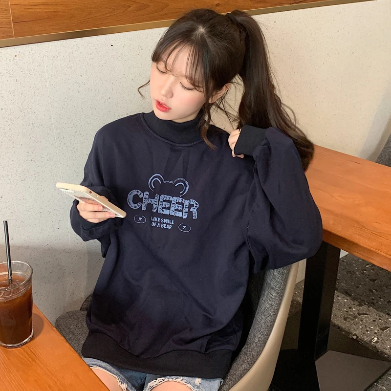 

2020 autumn and winter half high collar sweatershirt women winter loose Korean style bf lazy wind plus velvet thick fashion