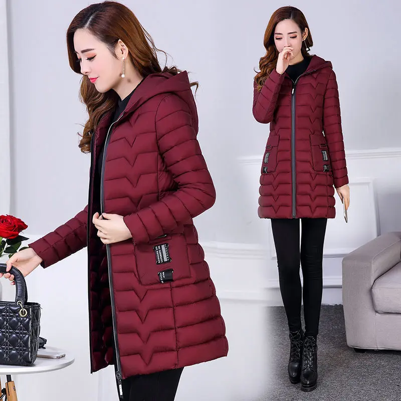

2019 Winter New Style Thin down Jacket Cotton-padded Clothes Women's Mid-length Korean-style Slim Fit Slimming Hooded Large Size