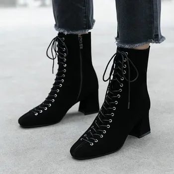 

YMECHIC Brand 2019 Fashion Autumn Causal Booties Square Toe Cross Tie Cow Leather Suede Women Ankle Boots High Hoof Heel Shoes