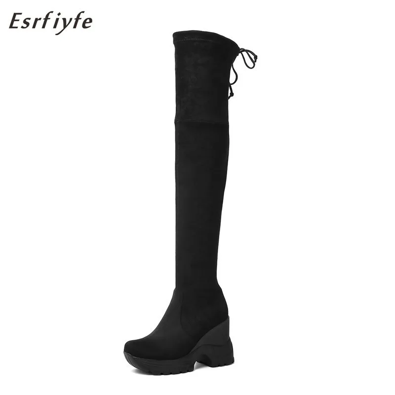 

ESRFIYFE 2020 New Flock Stretch Fabrics Over The Knee Boots Wedges Round Toe Women Shoes Autumn Winter Casual Long Boots Women