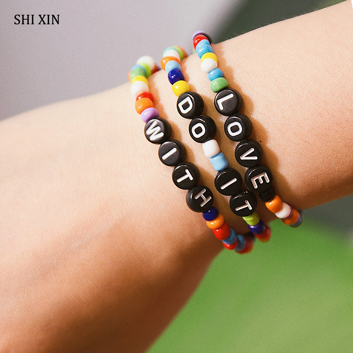 

SHIXIN Charms LOVE Letter Bracelets Set for Women Boho Small Colorful Beads Bracelet Fashion Rainbow Beaded Hand Chain Jewelry