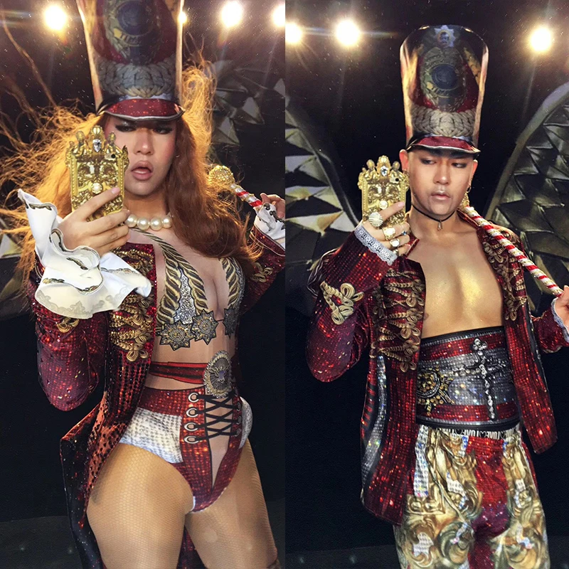 Man Womens Stage Performance Army Uniform Cosplay Costume Vintage Printing Bodysuit Jumpsuit Cape Dance Outfit Role drag queen - 6