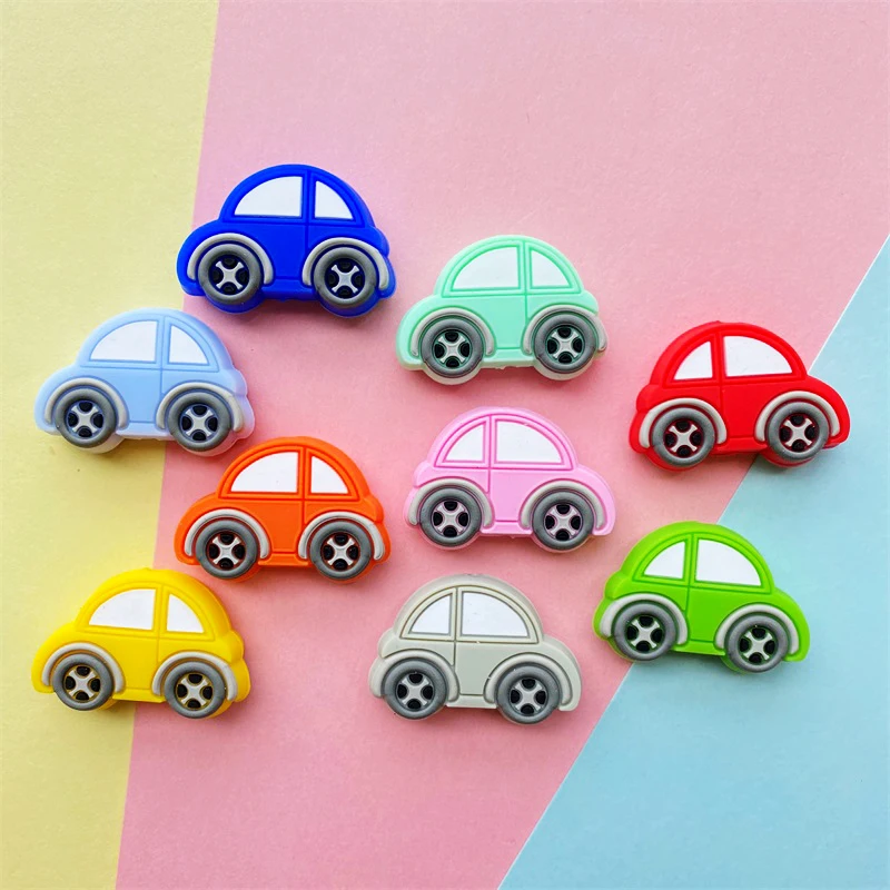 BPA Free Cartoon Mini Car Silicone Beads Pacifier Clips Baby Toys DIY Making Necklace Baby Teether 10pcs