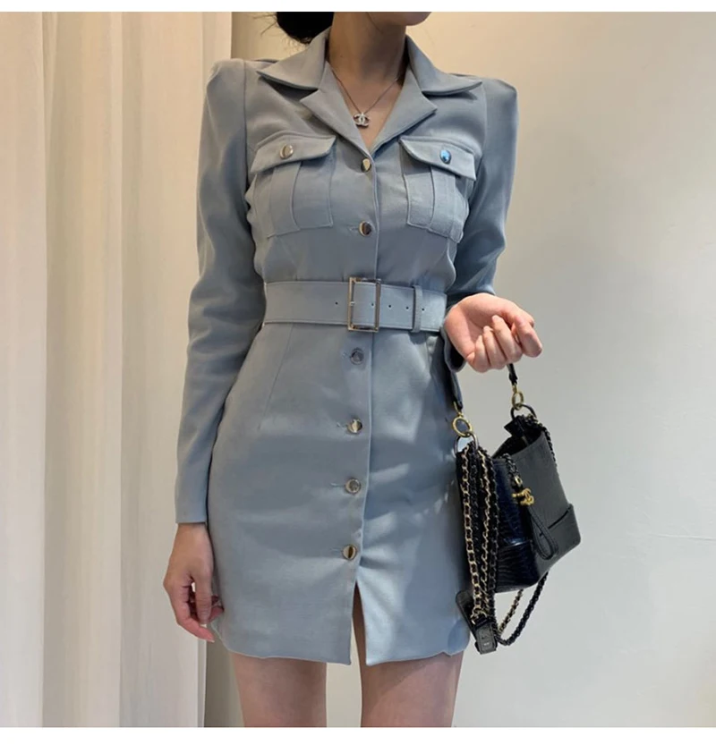 Trytree Autumn Winter Women Casual Dress Turn-down Collar Single Breasted Pockets Belt 5 Colour Slim fit Fashion Mini Dress