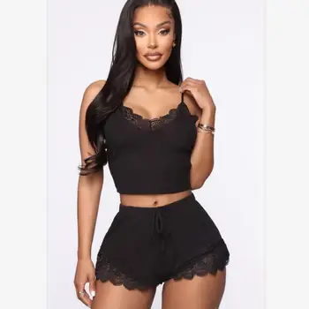 

Summer Sexy Suspender Top Shorts Pajamas Sets Lace Lingerie Women's Casual Solid Color Home Clothes Suit