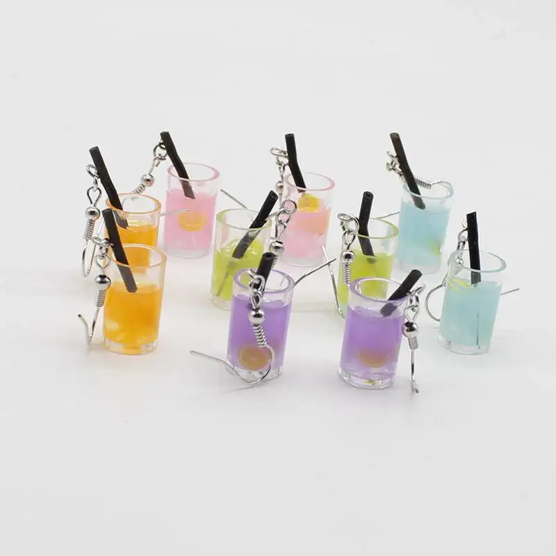 

Creative Unique Jewelry Lady Personality Resin Juice Lemon Drink Straw Cup Charm Earrings