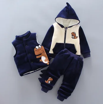 

Baby boy clothes winter warm clothes gold velvet dinosaur cartoon print plus velvet thick sweater baby girl hooded vest 3 pcs se
