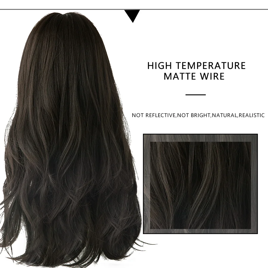 7JHH Black Brown Long Wavy Wig With Fluffy Bangs For Women To Wear Daily Heat-Resistant Synthetic Wig
