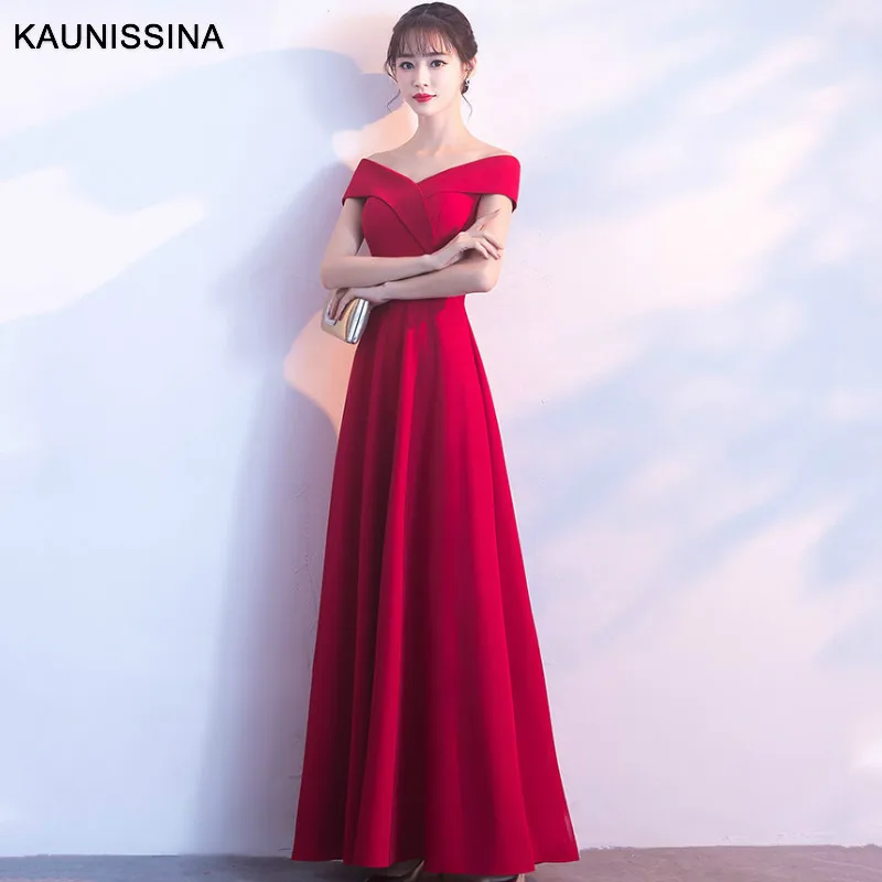 KAUNISSINA, длинное коктейльное платье, корейский стиль, вечерние платья, одноцветное, с открытыми плечами, на молнии сзади, банкетное платье, Vestidos