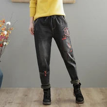 Женские черные флисовые джинсы с высокой талией, женские джинсовые Бархатные Брюки, Джинсы бойфренда, джинсы для мам, повседневные зимние штаны-шаровары с вышивкой