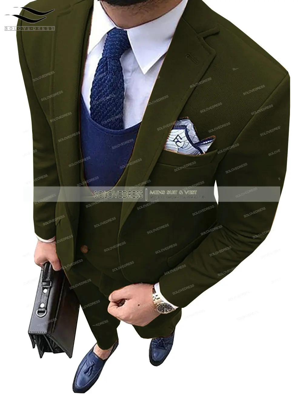 Новые модные мужские твидовые шерстяные костюмы из трех предметов, приталенный деловой смокинг с шалевым отворотом(Блейзер+ жилет+ брюки - Цвет: Olive Green