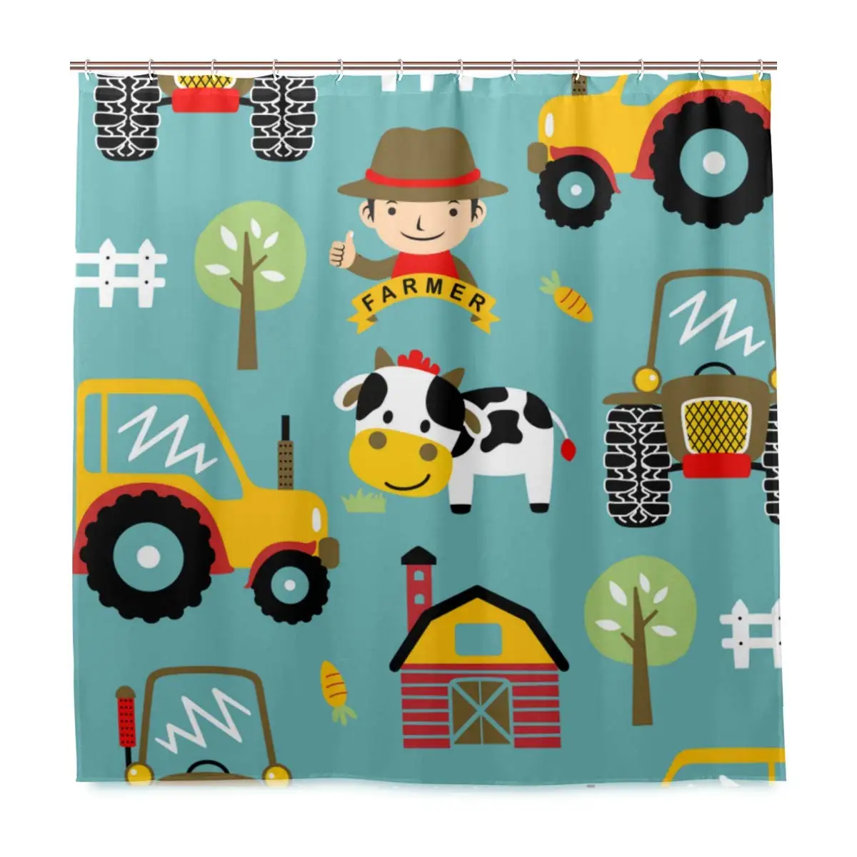 Unique Shower Curtain Seamless Pattern Vector with Farmyard Theme Cartoon Eco-Friendly 12 Hooks in Bathroom W72 xH79 | Дом и сад