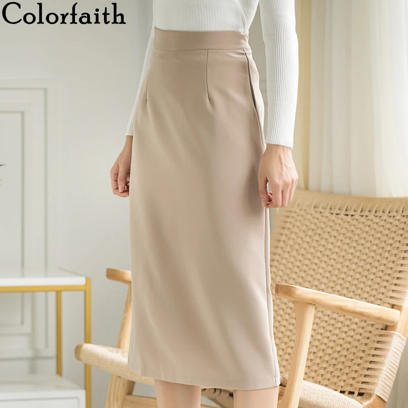 Women Skirt Midi Hip-Elegant Colorfaith Autumn Office Lady Straight Fashionable Package