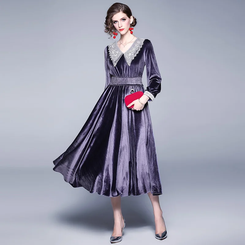 Осенне-зимнее элегантное фиолетовое бархатное платье для женщин с длинным рукавом и v-образным вырезом в стиле пэчворк с высокой талией, винтажные вечерние длинные платья