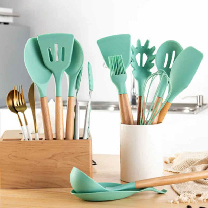 12PCS Silicone Cooking Tools Kitchen Utensils Set With Storage Box Turner Tongs Spatula with Wood Handle Nonstick Cookware | Дом и сад