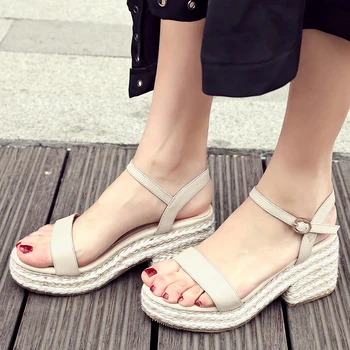 

Karinluna New Dropship Genuine Leather Shoes Women Straw Square Heels ankle-strap Leisure Summer Sandals Woman