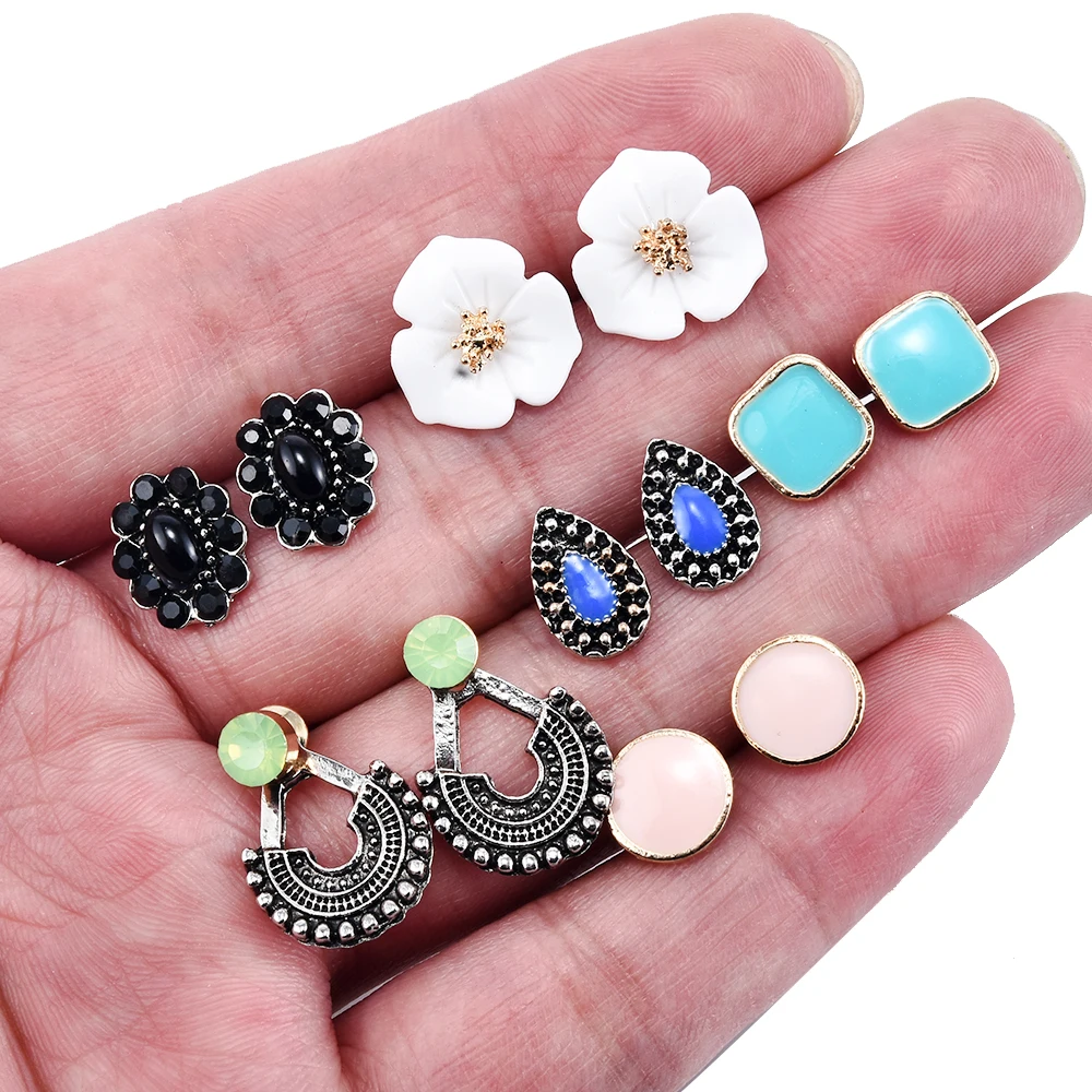 Винтажные геометрические серьги-гвоздики, Комплект сережек для женщин и девочек, маленькие сережки в форме цветка из горного хрусталя, женские серьги с кристаллами