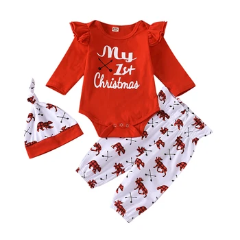 

2020 Toddler Baby Boy Girl Chirstmas Outfit 3PCS Letter Print Top Bodysuit Pants Long Ruffle Sleeve Hat Cap