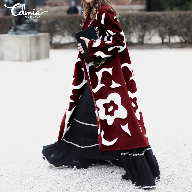 amazing Oversized Women Printed Cardigan Celmia 2019 Winter Warm Casual Long Sleeve Loose Coats Plus Size F
