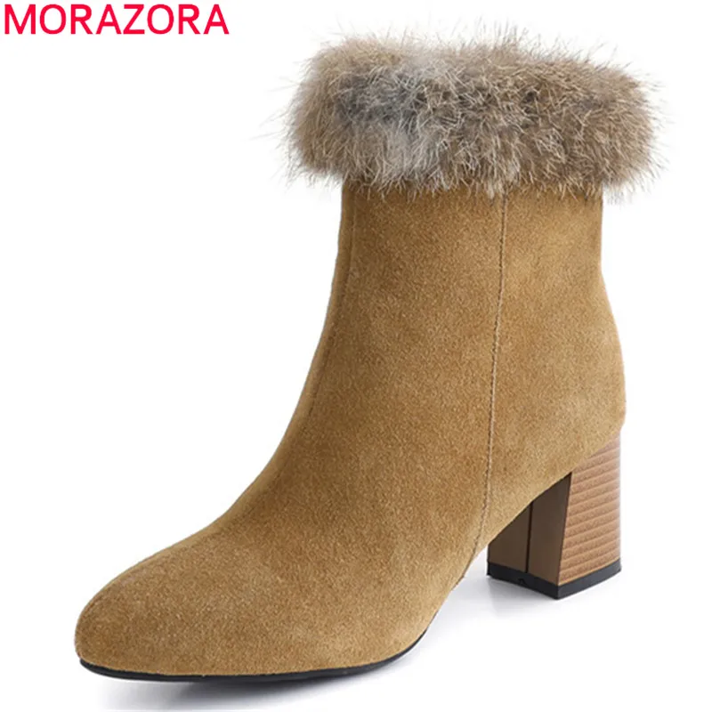 

MORAZORA 2020 winter hot sale high quality ankle boots thick high heels pointed toe ladies shoes black brown women boots