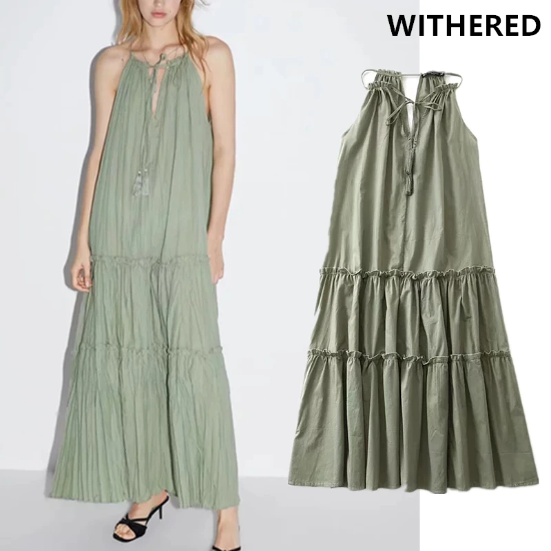 

Withered england simple solid 100% cotton halter sexy party dress women vestidos pleated vestidos de fiesta de noche maxi dress