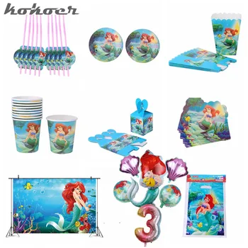 

Little Mermaid Disposable Tableware girls shower party decoration backdrop Ballon banner table cloth straws cup plates supplier