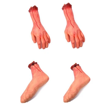 

Halloween Severed Hands Feet Set Scary Bloody Broken Body Parts Halloween Props Decorations, 4 Pieces