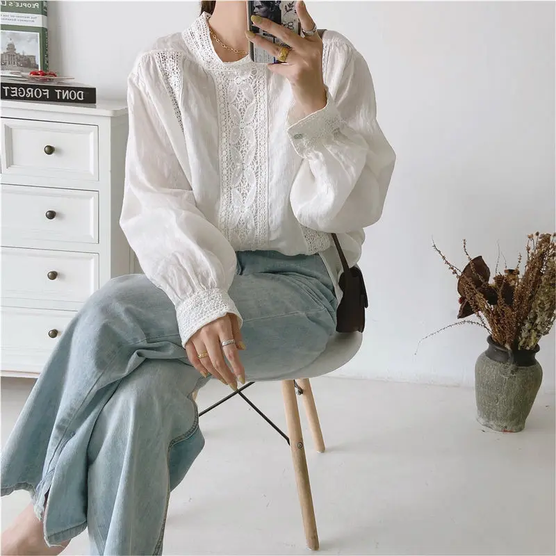 Johnature New Korean Linen Womens Tops And Blouses