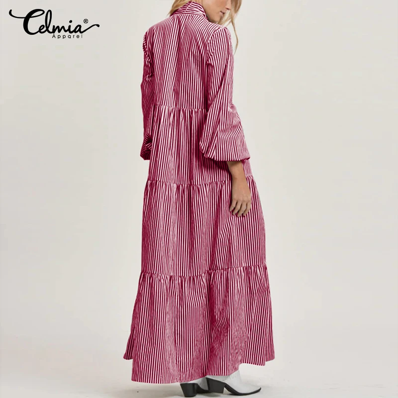 Винтажное Полосатое платье для женщин, женское повседневное свободное гофрированное платье с длинным рукавом, вечерние платья с бантом, длинное платье макси размера плюс